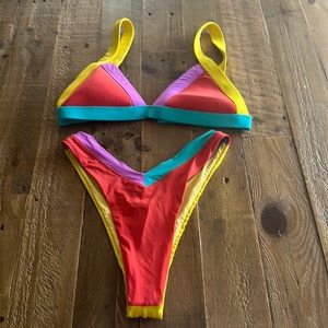 OneOne Swimwear Orange multi block triangle bikini